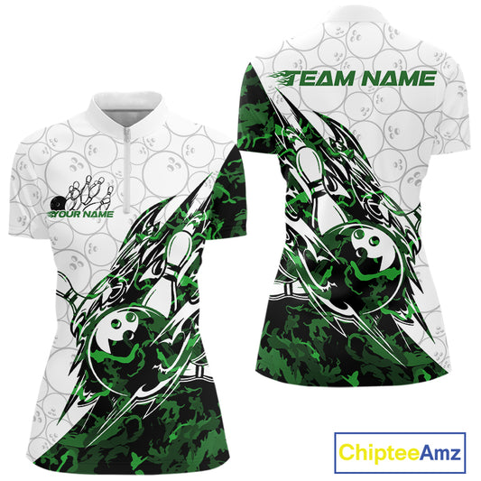 Front and back views of a white womens bowling quarter-zip shirt featuring bowling ball and pin artwork with sharp green camo streaks.