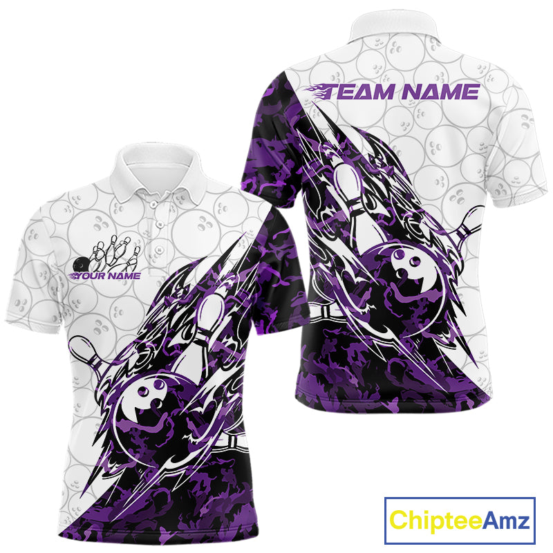 Front and back views of a white mens bowling polo shirt showcasing bowling pins and a ball with sharp purple camo streaks.