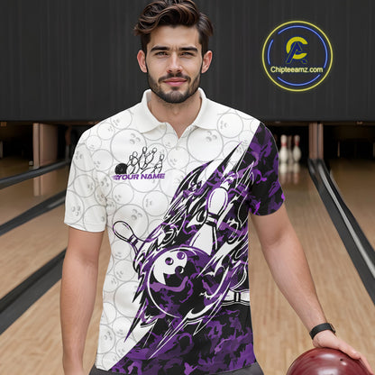 Male model wearing a white bowling polo shirt at the lane with purple camo-inspired bowling graphics.