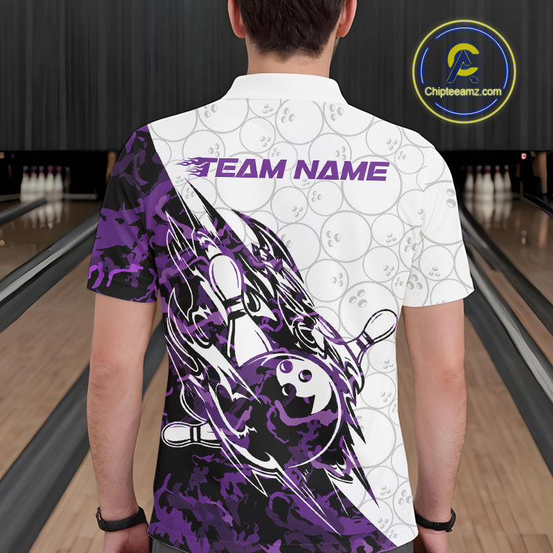 Back view of a male model in a white bowling polo shirt displaying purple camo streak bowling artwork.