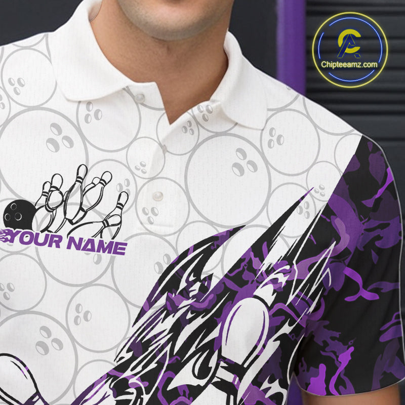 Close-up left chest detail of a white bowling polo shirt featuring purple camo accents and bowling motifs.