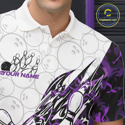 Close-up left chest detail of a white bowling polo shirt featuring purple camo accents and bowling motifs.