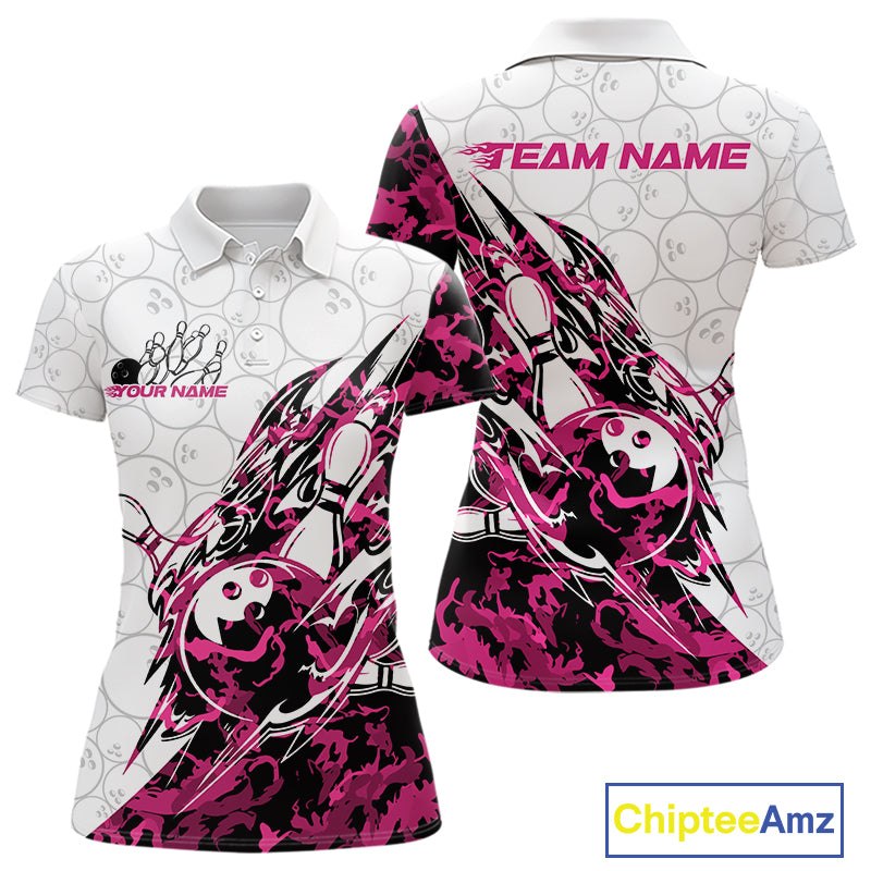 Front and back views of a white womens bowling polo shirt showcasing bowling ball and pin artwork with sharp pink camo streaks.