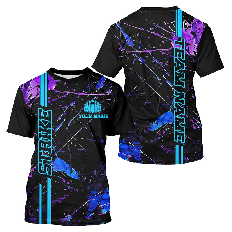 Custom Blue And Purple Strike Bowling T-Shirts For Men, Camo Bowling Team Jerseys IPHW6425