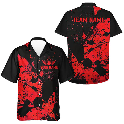 Custom Name Black And Red Splatter Bowling Team Men And Women Hawaiian Shirts, Bowling League Jerseys IPHW6434