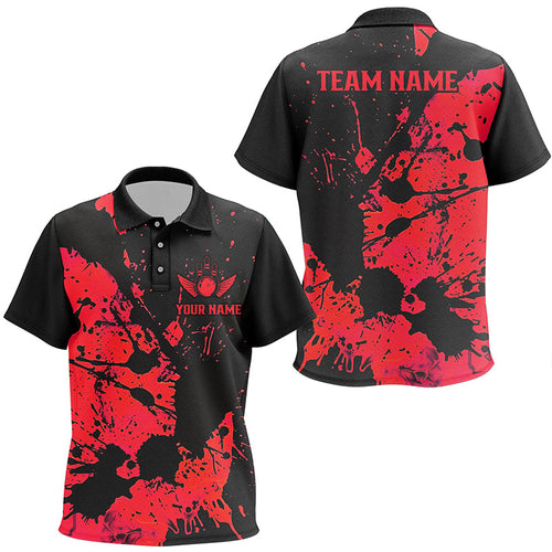 Custom Name Black And Red Splatter Bowling Team Kid Polo Shirts, Bowling League Jerseys IPHW6434