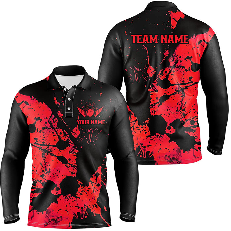 Custom Name Black And Red Splatter Bowling Team Men Long Sleeve Polo Shirts, Bowling League Jerseys IPHW6434