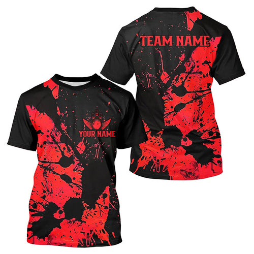 Custom Name Black And Red Splatter Bowling Team Men T-Shirts, Bowling League Jerseys IPHW6434
