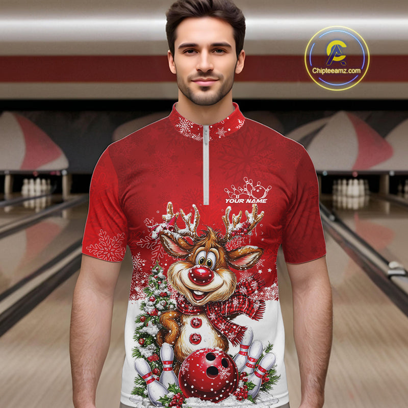 Custom Cute Funny Reindeer Christmas Bowling Men Quarter-Zip Shirts, Xmas Team Bowling Outfit IPHW10115