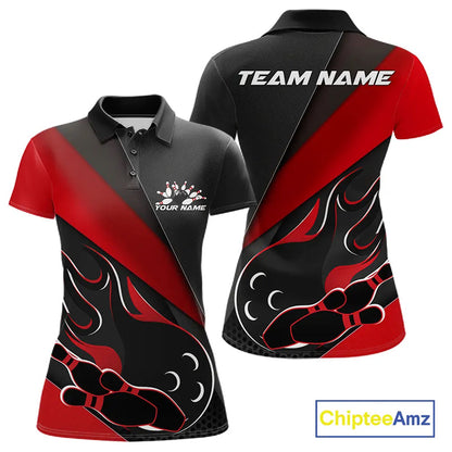 Custom Black And Red Flame Bowling Women Polo Shirt, Team Bowling League Shirt IPHW10254