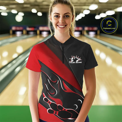 Custom Black And Red Flame Bowling Women Quarter-Zip Shirt, Team Bowling League Shirt IPHW10254