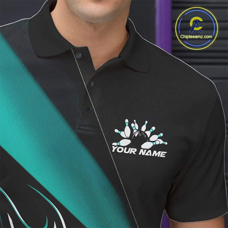Custom Black And Turquoise Blue Flame Bowling Men Polo Shirt, Team Bowling League Shirt IPHW10255