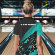 Load image into Gallery viewer, Custom Black And Turquoise Blue Flame Bowling Women Shirt, Team Bowling League Shirt IPHW10255
