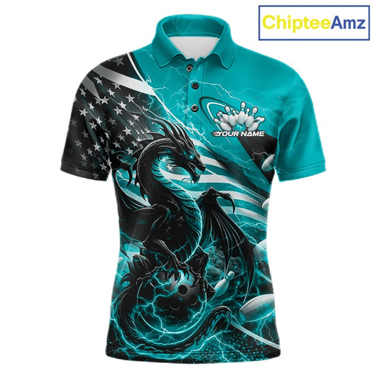 Custom Turquoise Blue Thunder Lightning Patriotic Dragon Bowling Shirts, Freedom US Flag Bowling Jerseys IPHW10482