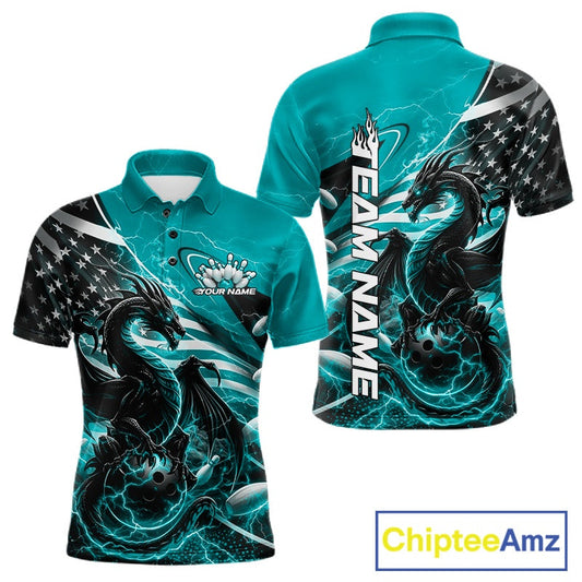 Custom Turquoise Blue Thunder Lightning Patriotic Dragon Bowling Shirts, Freedom US Flag Bowling Jerseys IPHW10482