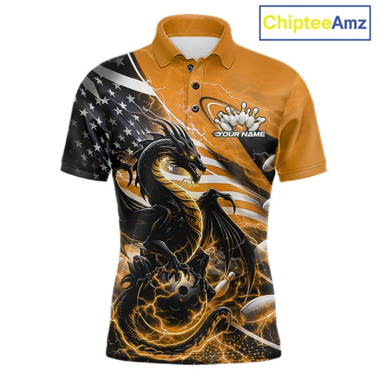 Custom Yellow Thunder Lightning Patriotic Dragon Bowling Shirts, Freedom US Flag Bowling Jerseys Bowlers Outfit IPHW10483