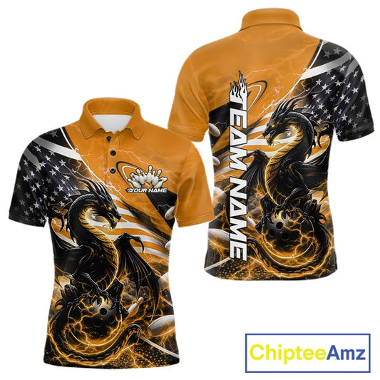 Custom Yellow Thunder Lightning Patriotic Dragon Bowling Shirts, Freedom US Flag Bowling Jerseys Bowlers Outfit IPHW10483