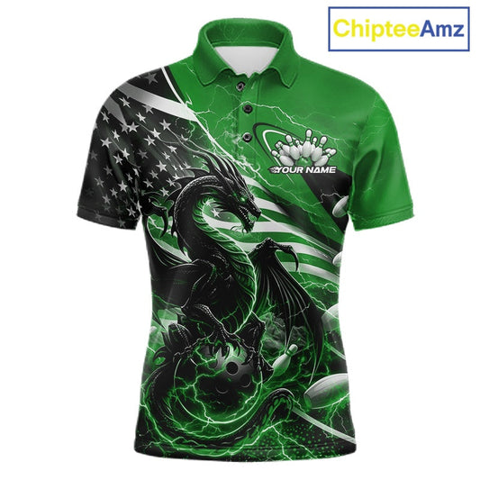 Custom Green Thunder Lightning Patriotic Dragon Bowling Shirts, Freedom US Flag Bowling Jerseys Bowlers Outfit IPHW10484