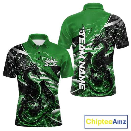 Custom Green Thunder Lightning Patriotic Dragon Bowling Shirts, Freedom US Flag Bowling Jerseys Bowlers Outfit IPHW10484