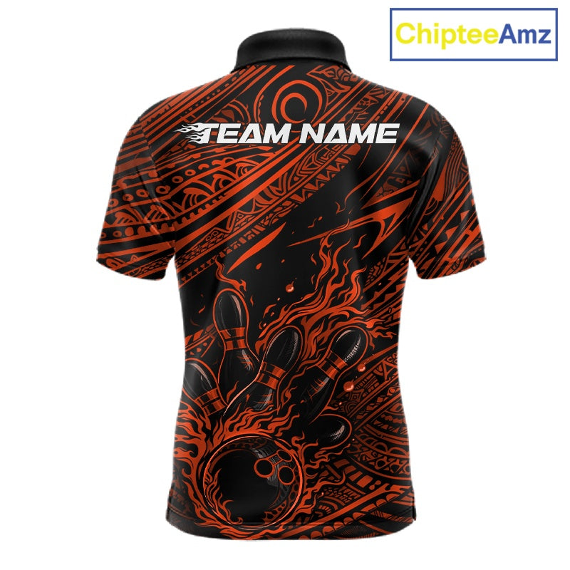 Custom Black And Orange Tribal Flame Bowling Ball Bowling Team Shirts, Polynesian Bowling Tournament Shirt IPHW10488