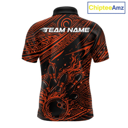 Custom Black And Orange Tribal Flame Bowling Ball Bowling Team Shirts, Polynesian Bowling Tournament Shirt IPHW10488