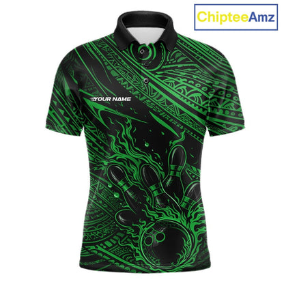 Custom Black And Green Tribal Flame Bowling Ball Bowling Team Shirts, Polynesian Bowling Tournament Shirt IPHW10490