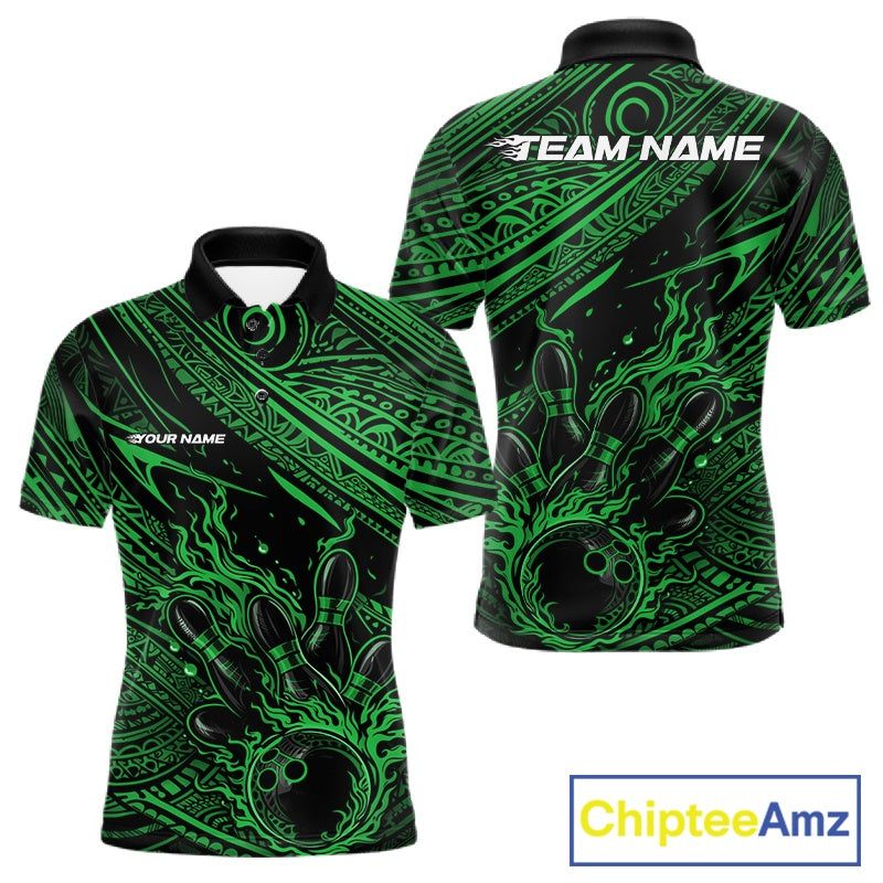 Custom Black And Green Tribal Flame Bowling Ball Bowling Team Shirts, Polynesian Bowling Tournament Shirt IPHW10490