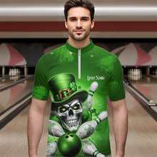 Load image into Gallery viewer, Custom Green Leprechaun Skull St Patricks Day Bowling Quarter-Zip Shirt For Men, Lucky Bowling Shirt IPHW8595