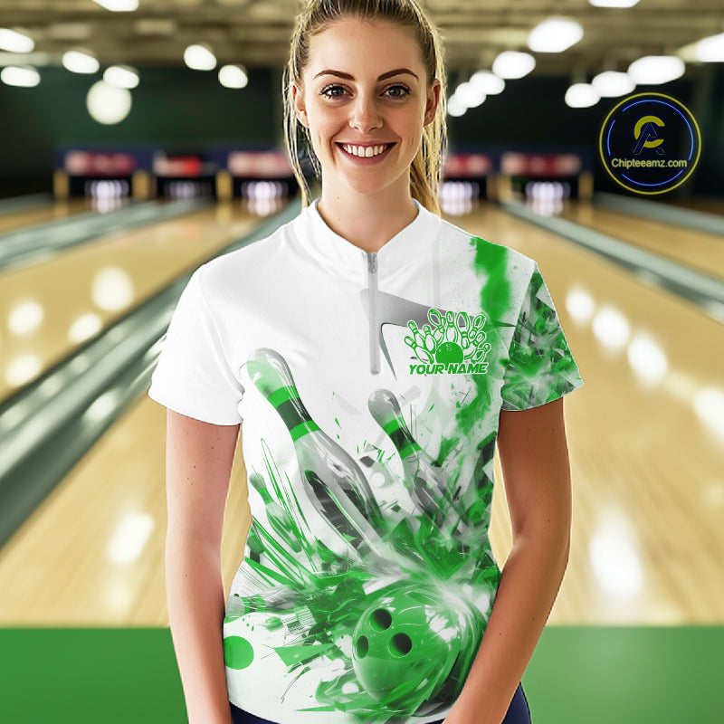 Custom Black And Green Women Bowling Team Shirts, Bowling League Shirt Bowlers Outfit IPHW10783