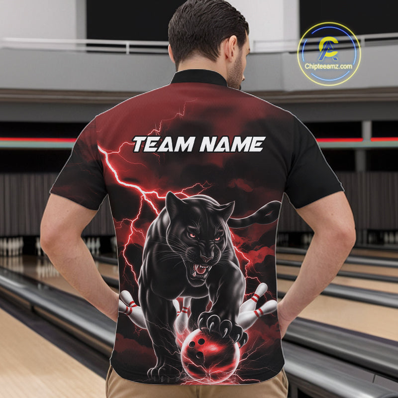 Red Thunder Lightning Custom Panther Men Bowling Quarter-Zip Shirts, Panther Bowling Jerseys IPHW10790