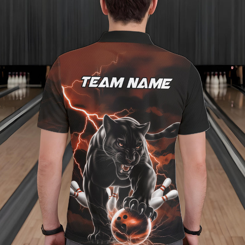 Orange Thunder Lightning Custom Panther Men Bowling Polo Shirts, Panther Bowling Jerseys IPHW10791