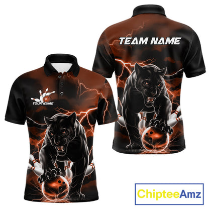 Orange Thunder Lightning Custom Panther Men Bowling Polo Shirts, Panther Bowling Jerseys IPHW10791