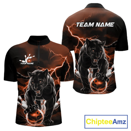 Orange Thunder Lightning Custom Panther Men Bowling Quarter-Zip Shirts, Panther Bowling Jerseys IPHW10791