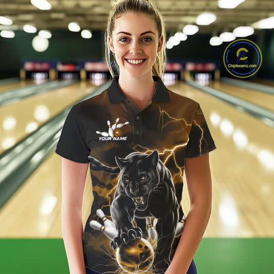 Yellow Thunder Lightning Custom Panther Women Bowling Polo Shirts, Panther Bowling Jerseys IPHW10792