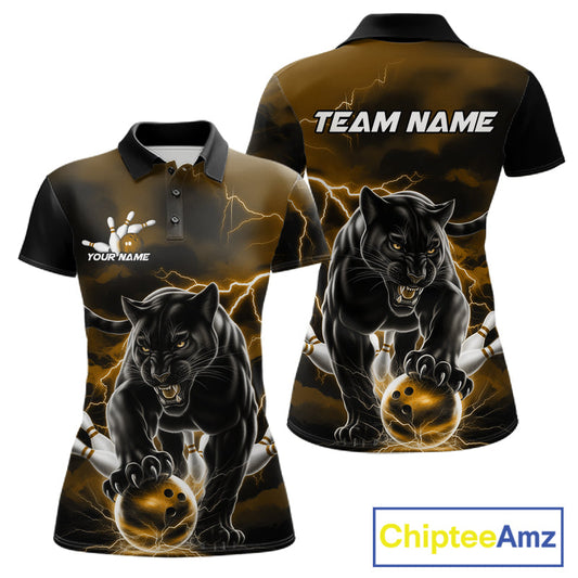 Yellow Thunder Lightning Custom Panther Women Bowling Polo Shirts, Panther Bowling Jerseys IPHW10792
