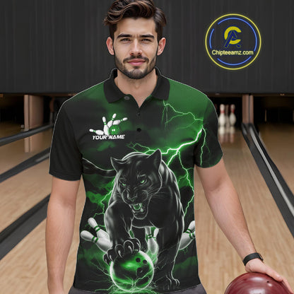 Green Thunder Lightning Custom Panther Men Bowling Polo Shirts, Panther Bowling Jerseys IPHW10793