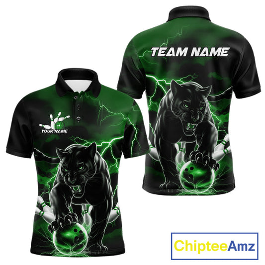 Green Thunder Lightning Custom Panther Men Bowling Polo Shirts, Panther Bowling Jerseys IPHW10793