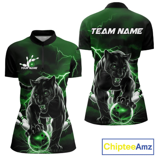 Green Thunder Lightning Custom Panther Women Bowling Shirts, Panther Bowling Jerseys IPHW10793