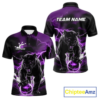 Purple Thunder Lightning Custom Panther Men Bowling Polo Shirts, Panther Bowling Jerseys IPHW10795
