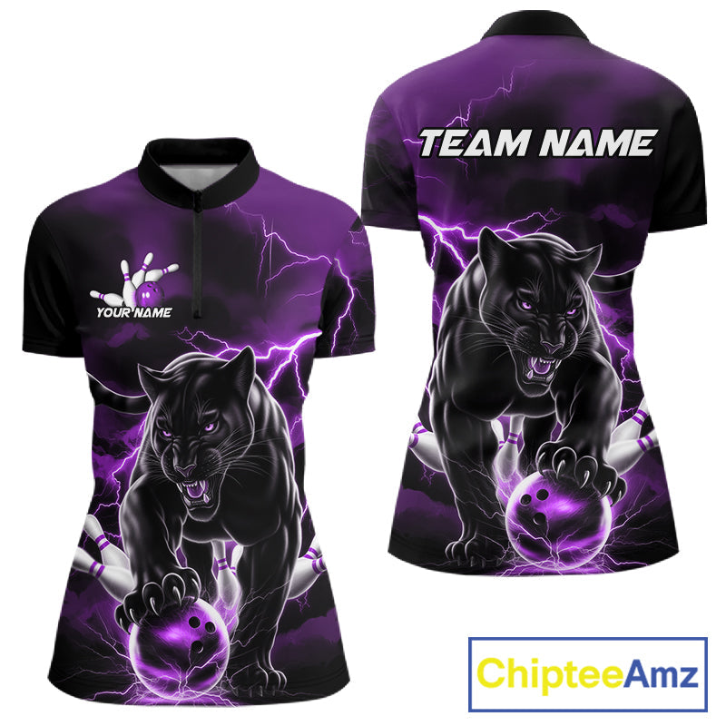 Purple Thunder Lightning Custom Panther Women Bowling Shirts, Panther Bowling Jerseys IPHW10795