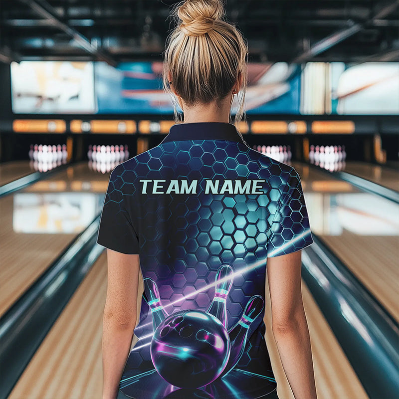 Custom Blue And Purple Holographic Bowling Team Polo Shirts For Women, Bowlers Outfit IPHW8901