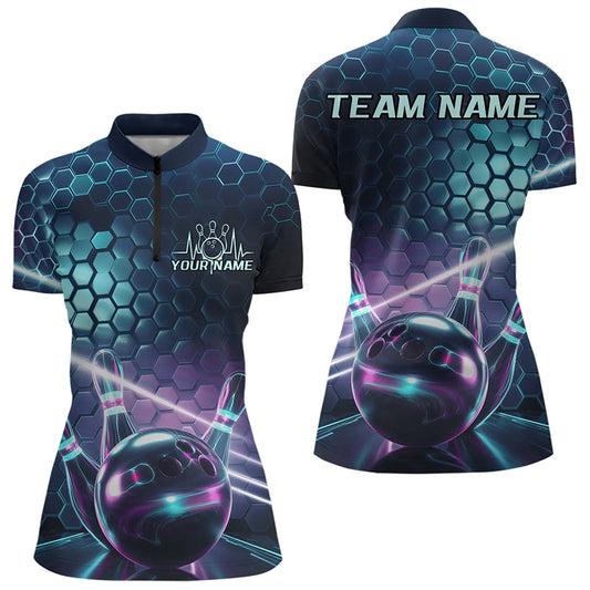 Custom Blue And Purple Holographic Bowling Team Quarter-Zip Shirt For Women, Bowlers Outfit IPHW8901