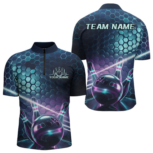 Custom Blue And Purple Holographic Bowling Team Quarter-Zip Shirts For Men, Bowlers Outfit IPHW8901