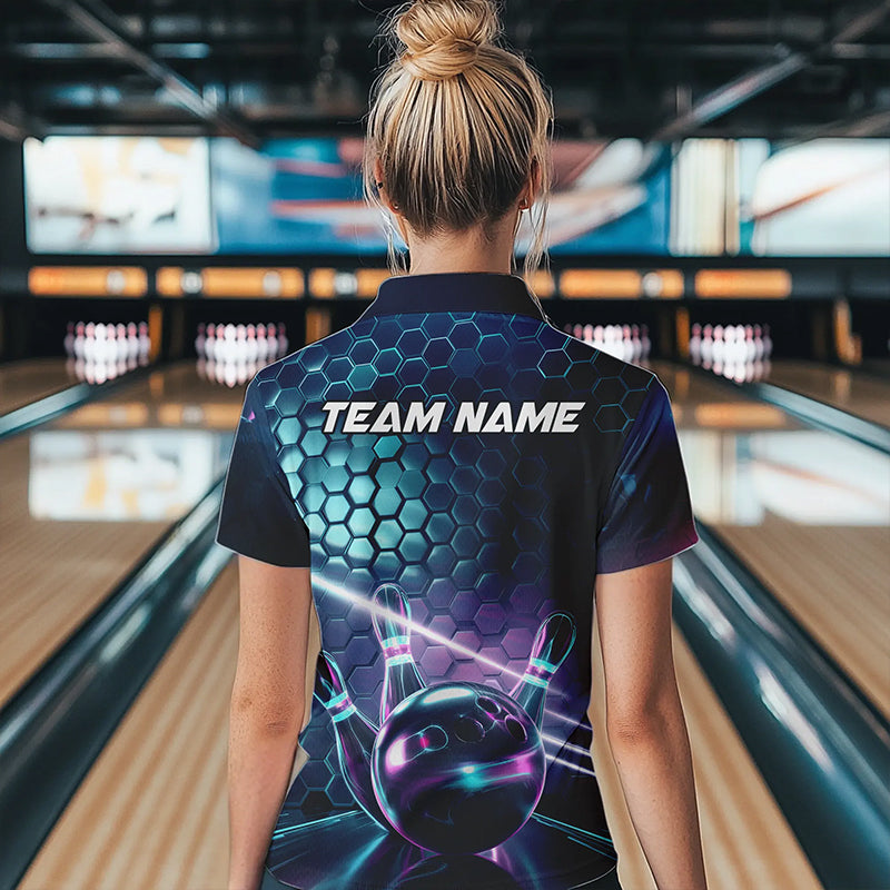 Custom Hexagon Holographic Bowling Team Women Polo Shirts, Galaxy Bowling League Shirt IPHW8903