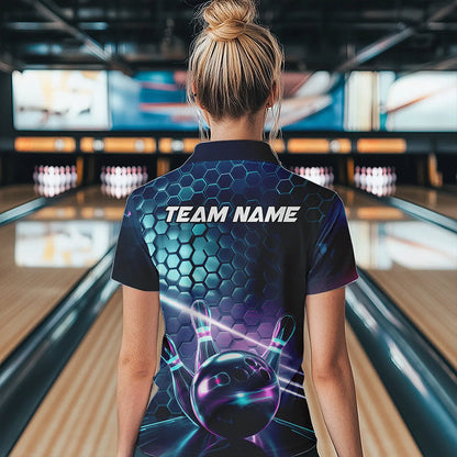 Custom Hexagon Holographic Bowling Team Women Polo Shirts, Galaxy Bowling League Shirt IPHW8903
