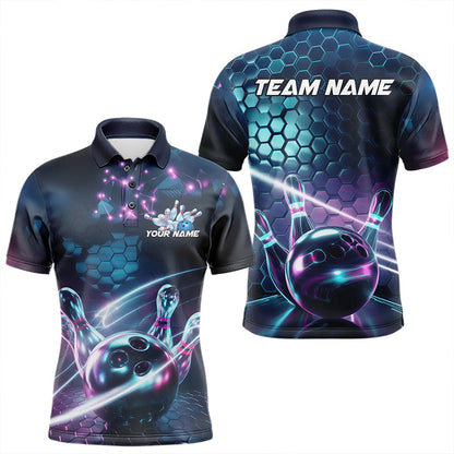 Custom Hexagon Holographic Bowling Team Men Polo Shirts, Galaxy Bowling League Shirt IPHW8903