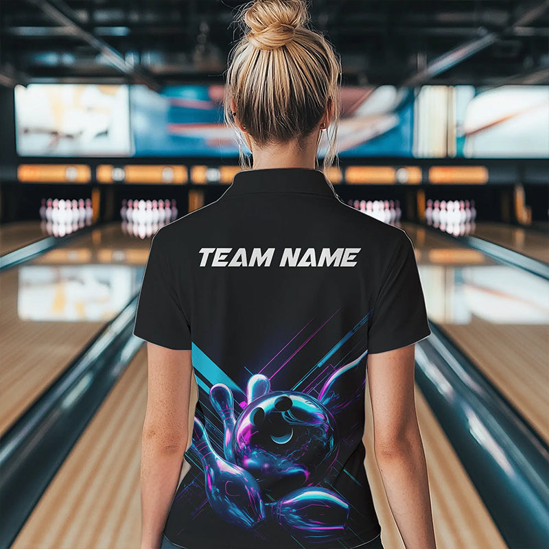 Custom Black, Blue And Purple Holographic Bowling Women Polo Shirts, Bowling Team Uniform IPHW8905