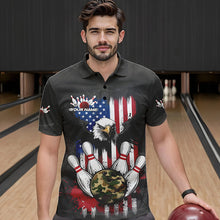 Load image into Gallery viewer, Custom Grunge US Flag Eagle Bowling Men Polo Shirts, Patriotic Camo Bowling Team Shirt IPHW8910