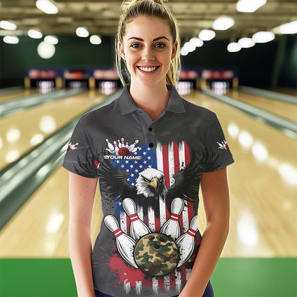 Custom Grunge US Flag Eagle Bowling Women Polo Shirts, Patriotic Camo Bowling Team Shirt IPHW8910