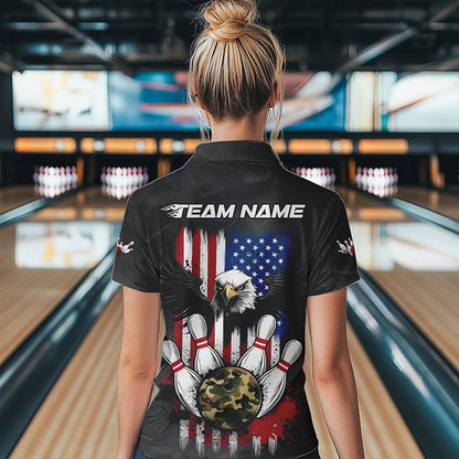 Custom Grunge US Flag Eagle Bowling Women Polo Shirts, Patriotic Camo Bowling Team Shirt IPHW8910
